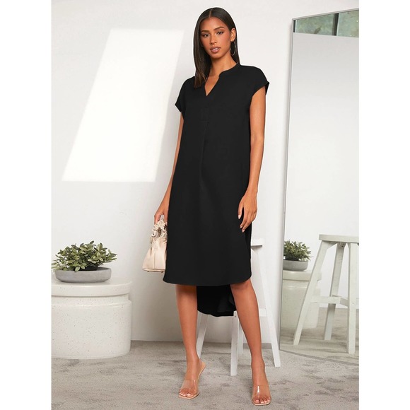 short sleeve Hi low Notched v neck Dip Hem midi Dress red - Picture 6 of 8